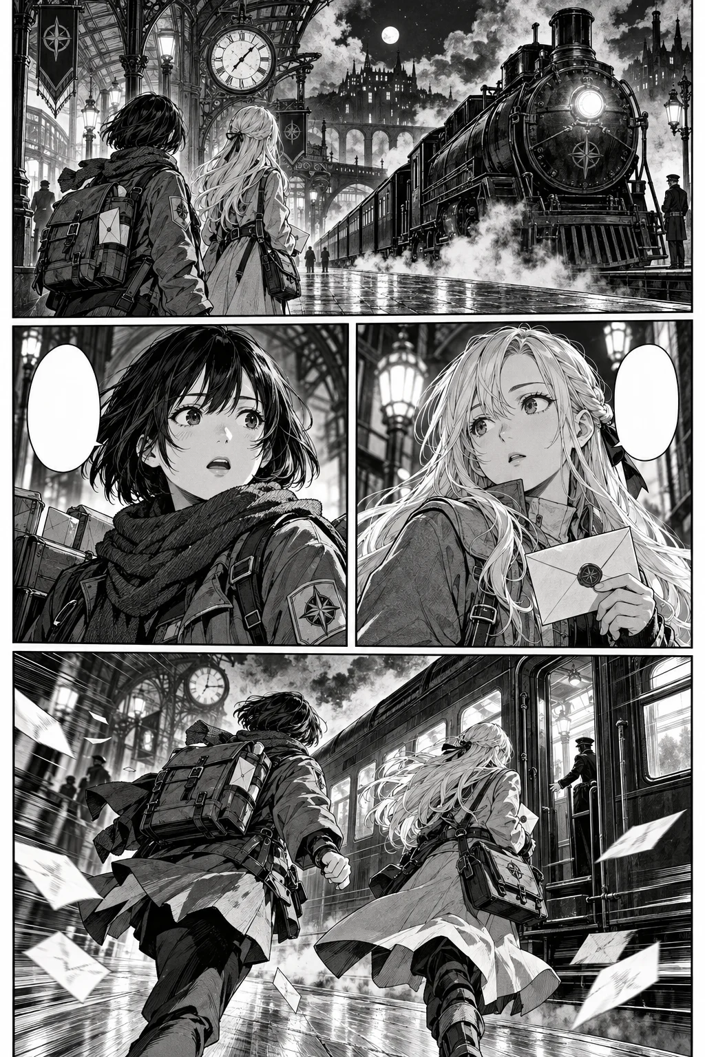 An original black-and-white comic: two couriers discover a mysterious night train, exchange a surprised glance, then race toward it.